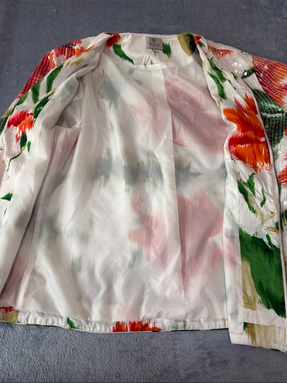 Chico's White Floral Sequin Zip Jacket with Green and Orange Print - Picture 6 of 6